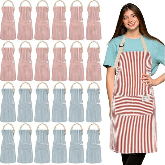 Janmercy 24 Pcs Aprons for Women Men with 2 Pockets Linen Cooking Kitchen Apron Adjustable Bib Chef Apron Bulk Aprons Unisex