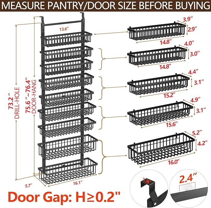 POKIPO 9 Tier Over The Door Pantry Organizer, 2 in 1 Wall Mount or Hanging Spice Rack with Adjustable Deep Basket, Heavy-Duty Seasoning Organizer and Storage for Kitchen Cabinet Closet Bathroom - Image 9