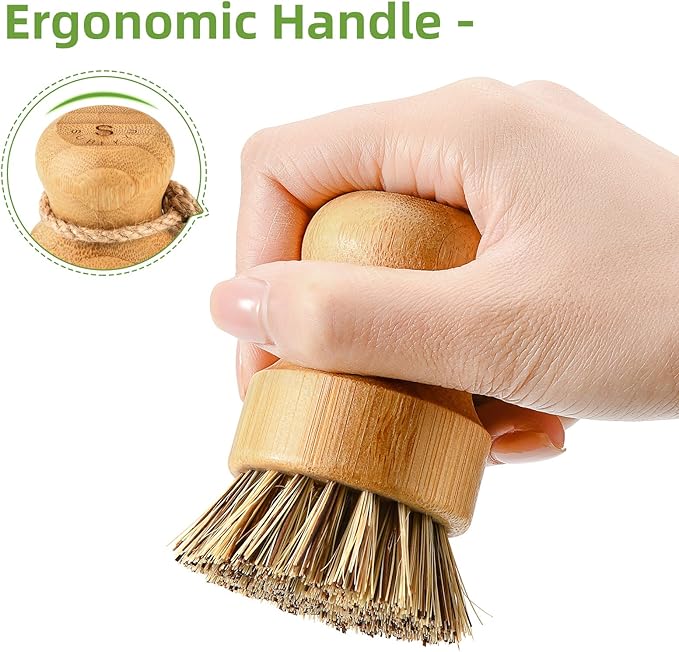 SUBEKYU Bamboo Dish Brush Set with Soap Holder, Wooden Dish Scrubber with Soap Dispenser, Natural Kitchen Scrub Brush, Washing Pot/Pans/Cast Iron, 2 Pack, Sisal + Coconut Palm Bristles - Image 6