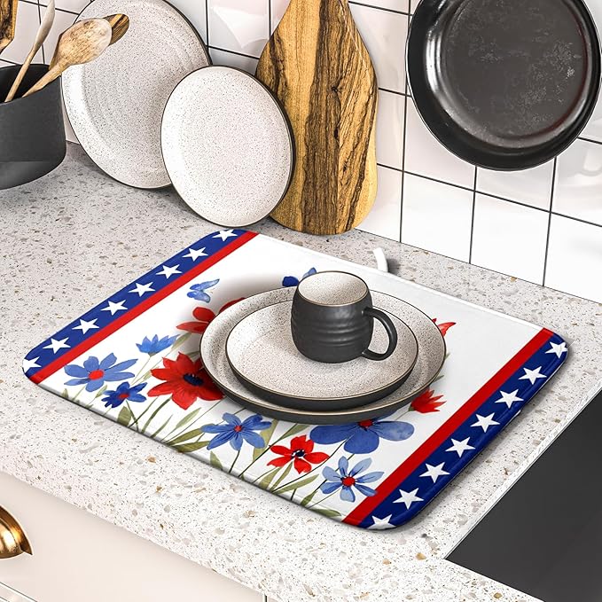 Giwawa 4th of July Flower Dish Drying Mat 16"x18" Independence Day Stars Dish Drainer Mats Watercolor Patriotic Floral Microfiber Dish Drying Rack Pad for Kitchen Countertop Decor