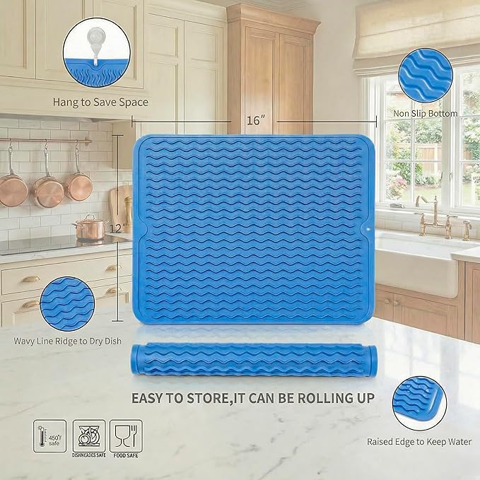 MicoYang Silicone Dish Drying Mat for Multiple Usage,Easy clean,Eco-friendly,Heat-resistant Silicone Mat for Kitchen Counter or Sink,Refrigerator or drawer liner Lichen BlueL L 16 inches x 12 inches - Image 2