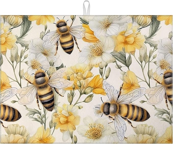 Watercolor Bee Floral Dish Drying Mat for Kitchen Counter Drying Pad Absorbent Reversible Dish Drainer Rack Mats Draining Pad 18"x24"Inch by MOUNTANLLY