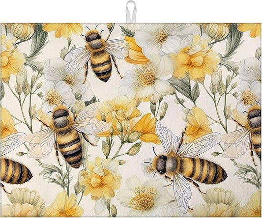 Watercolor Bee Floral Dish Drying Mat for Kitchen Counter Drying Pad Absorbent Reversible Dish Drainer Rack Mats Draining Pad 18"x24"Inch by MOUNTANLLY
