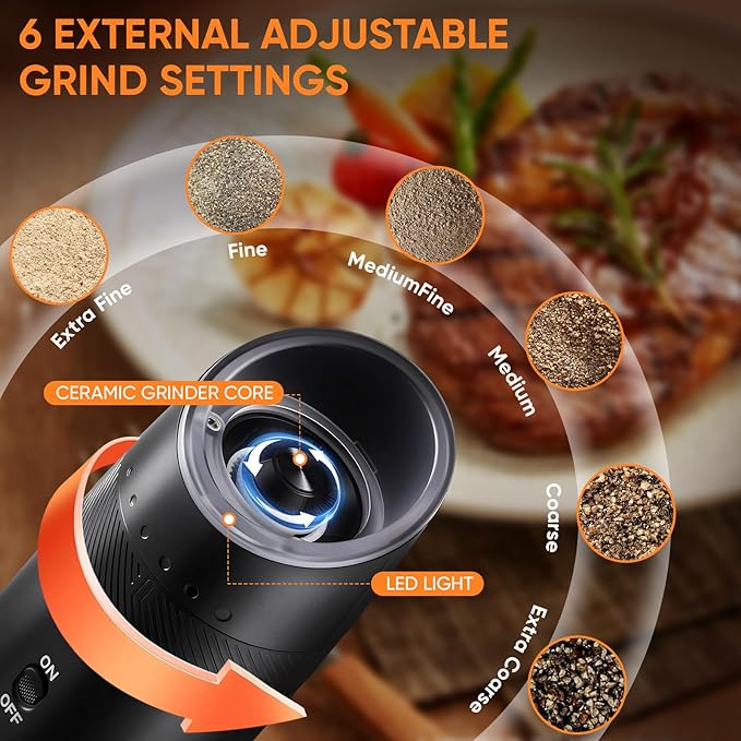 Gravity Electric Salt and Pepper Grinder Set Rechargeable with Charging Base, Automatic Shakers Pepper Mill, Large Capacity, 6-Level External Adjustable Coarseness, LED Light, Kitchen Gadgets