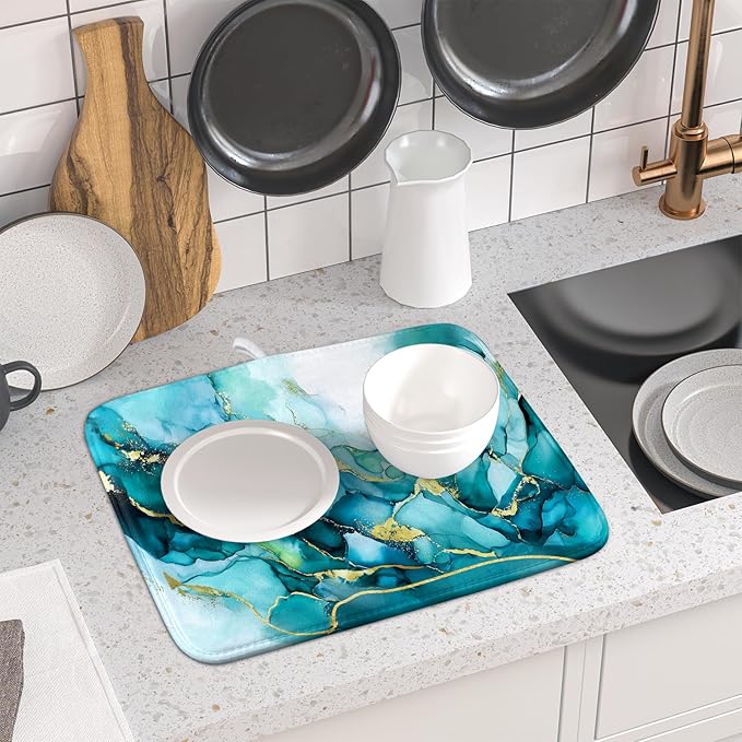 Giwawa Teal Marble Dish Drying Mat Turquoise Blue Marbling Print Dish Drainer Mats 16"x18" Modern Granite Microfiber Reversible Dish Drying Rack Pad Protector for Kitchen Countertop Decor
