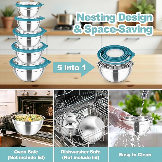 TeamFar Mixing Bowls Set, 4.5/3/1.5/1/0.7 QT Stainless Steel Nesting Salad Bowls with Visible Lids, For Serving Mixing, Non-Toxic & Heavy Duty, Airtight & Easy Clean, Dark Blue, Set of 5 - Image 7