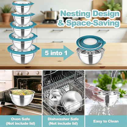 TeamFar Mixing Bowls Set, 4.5/3/1.5/1/0.7 QT Stainless Steel Nesting Salad Bowls with Visible Lids, For Serving Mixing, Non-Toxic & Heavy Duty, Airtight & Easy Clean, Dark Blue, Set of 5 - Image 7