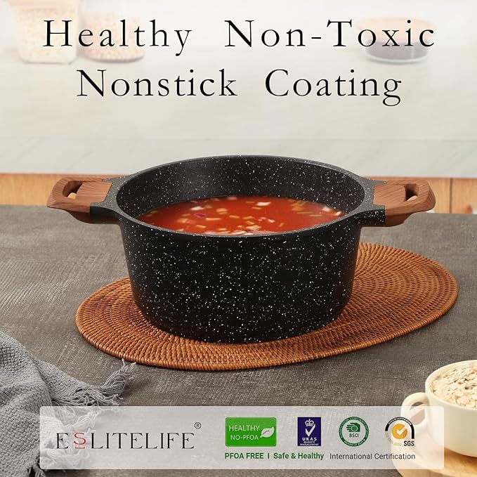 ESLITE LIFE Nonstick Stock Pot with Lid, 5 Quart Granite Casserole Large Soup Pot Pasta Cooking Pot, Induction Compatible, PTFE & PFOA Free, Black - Image 4