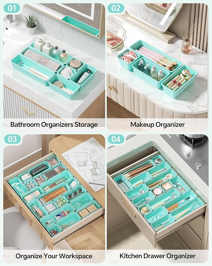 Canfanni 13 Pack Plastic Drawer Organizers Set, 3 Sizes Desk Drawer Organizer Trays for Vanity and Makeup Organizer, Organization and Storage for Makeup, Kitchen Utensils, Bathroom and Office(Blue) - Image 5