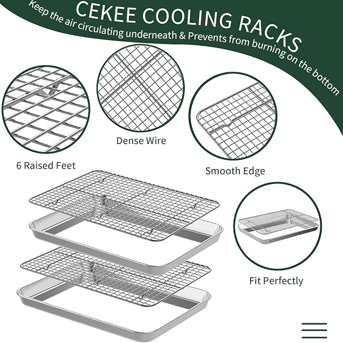 Half Sheet Pans with Rack Set [2 Pans + 2 Racks], CEKEE Stainless Half Size Large Baking Sheets with Rack -18 Inch Baking Tray Set- Rust & Warp Resistant & Heavy Duty Large Cookie Sheet - Image 4