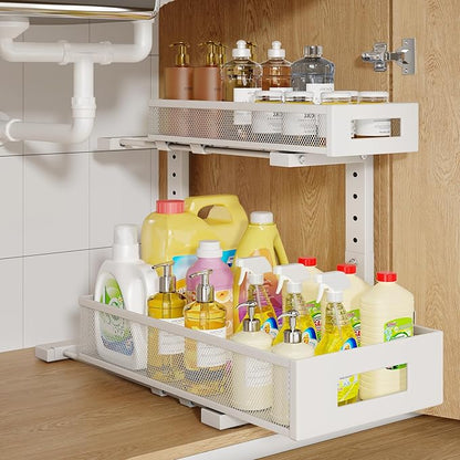 1 Pack 17IN Depth Under Sink Storage Organizer, Large 2-Tier Elegant Mesh Pull Out Shelf for Kitchen and Bathroom Cabinet Organization, L-Shaped and Adjustable Height Design-White by UnderSinkOrganizer