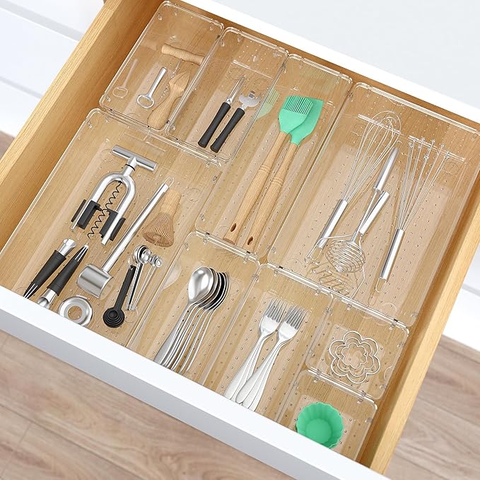 StorMiracle 33 PCS Clear Plastic Drawer Organizers Set, 4 Size Desk Drawer Organizer Trays for Makeup, Jewelry, Kitchen Utensils, Gadgets and Office Accessories - Image 6