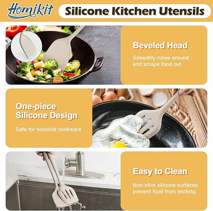 15-Piece Kitchen Cooking Utensils Set with Holder, Homikit Heat Resistant Food Grade Silicone Kitchen Utensils include Slotted Spatula Ladle Turner for Nonstick Cookware, Dishwasher Safe- Khaki - Image 8