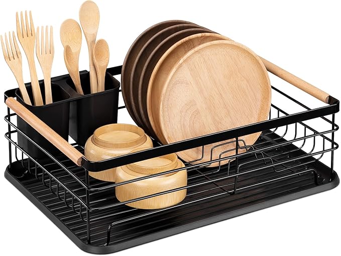 Navaris Dish Drainer Rack - Plate, Silverware, Pots and Pans Drying Rack for Kitchen with Beechwood Handles - Modern Retro Design Drip Tray - Black by Navaris