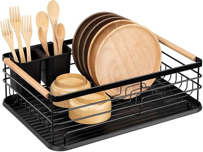 Navaris Dish Drainer Rack - Plate, Silverware, Pots and Pans Drying Rack for Kitchen with Beechwood Handles - Modern Retro Design Drip Tray - Black by Navaris