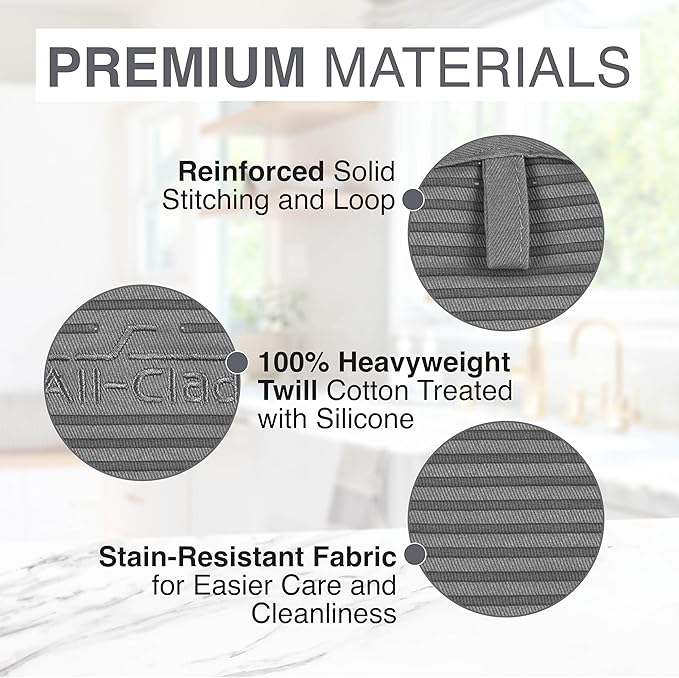 All-Clad Premium Pot Holder & Heating Pad, (2-Pack) Heat Resistant to 500 Degrees, 100% Cotton 10"x6.25" for Kitchen and Barbeque, Pewter - Image 5