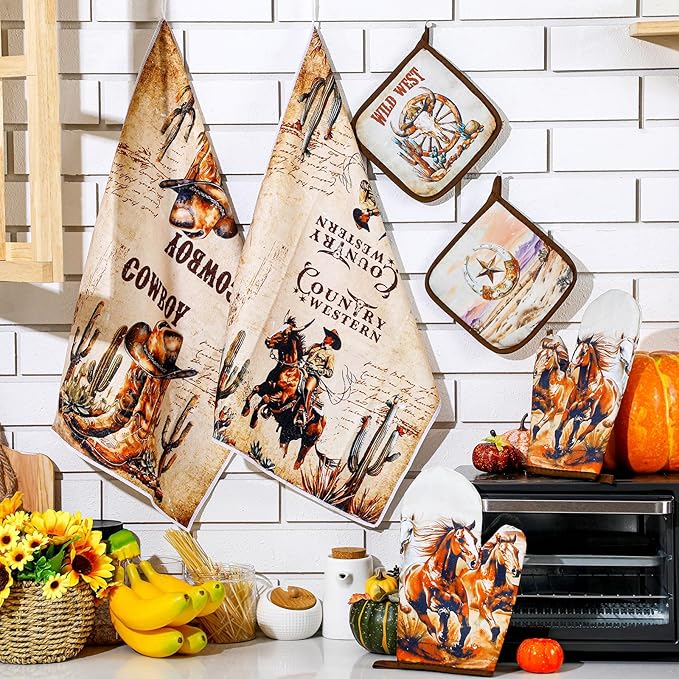 Leinuosen 6 Western Cowboy Kitchen Towels Kitchen Decor and Accessories Set Floral Plant Oven Mitts and Pot Holders Sets Farmhouse Absorbent Dish Towels for Cooking Baking Grilling - Image 2