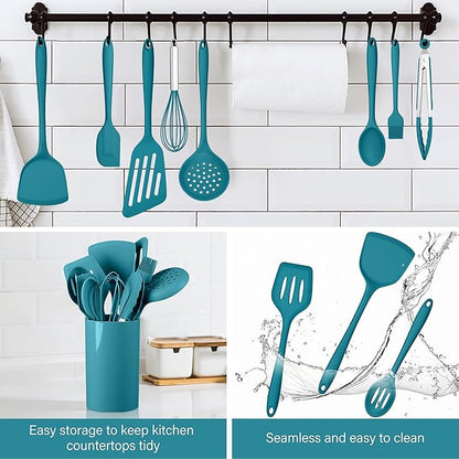 HaWare 11 PCS Silicone Cooking Utensils Set, Heat Resistant Kitchen Utensils with Holder, Food-grade Spatula Sets for Nonstick Cookware, Kitchen Tools Gadgets Include Fish Turner, Spoon (Blue) - Image 7