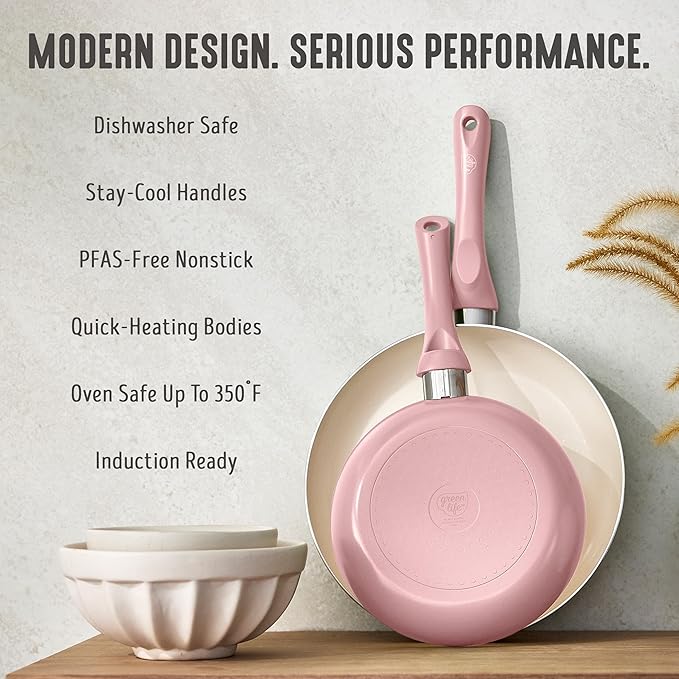 GreenLife 2-Piece Nonstick Frying Pan Set, 8” & 10” Skillets, Non-Toxic Ceramic Cookware, Dishwasher Safe, Stay-Cool Handles, Induction Ready, Fast Heating, Omelet Pan, PFAS Free, Blush Pink