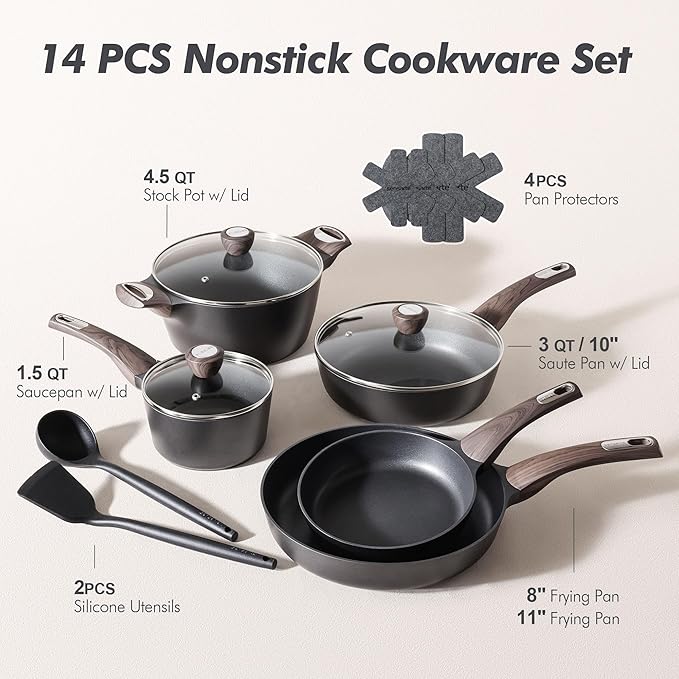 SENSARTE Pots and Pans Set Non stick, Non toxic Healthy Induction Cookware Sets, 14 Pcs Non Stick Kitchen Cooking Set with Frying Pans Set & Saucepan, PFOA PFOS APEO Free, Black - Image 3