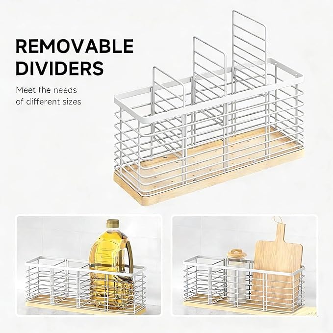 Kitchen Cooking Utensil Holder for Kitchen Counter,4 Large White Compartments with Wooden Base utensil caddy,Rustic Style Utensil Utensil Organizer for Farmhouse Kitchen Countertop