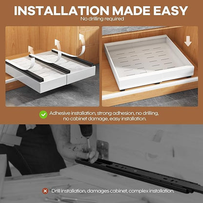 Seinloes 2Pack Expandable Pull Out Cabinet Organizer 21"Deep With Raising Pad for Framed Cabinets, Upgrade 3 Slide Rails Slide Out Drawers, Roll Out Shelves Adhesive,Adjustable Width 12.05"-20.4"White - Image 7