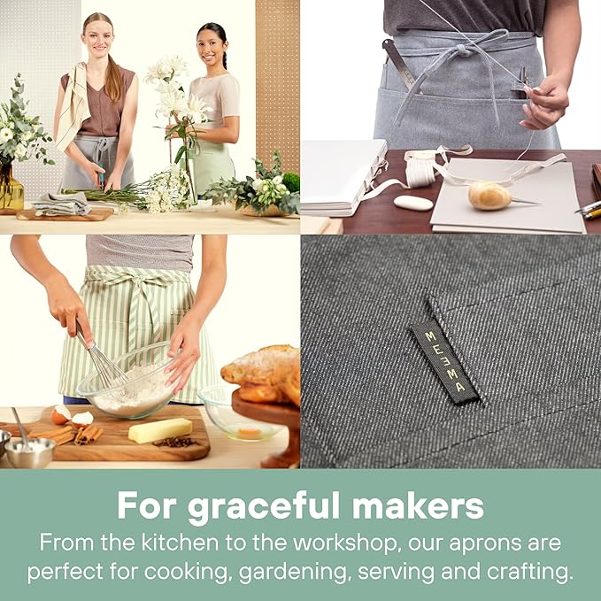 MEEMA Chef Waist Apron Cotton Fabric |Washable & Breathable Waitress & Server Half Aprons for Women with Pockets & Long Waist Straps | Cooking, Baking, Grilling & Crafting