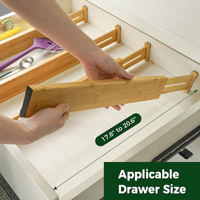 Utoplike 4 pcs Bamboo Kitchen Drawer Dividers Large, Adjustable Drawer Organizers, Spring Loaded, Expandable Organization Works in Kitchen, Dresser, Bathroom, Bedroom, Drawer, Desk - Image 3