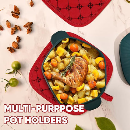 Oven Mitts Kitchen Towels Dishcloths with Pot Holders Sets 12PCS, Dish Towels Sets, Oven Gloves Pot Pads Heat Resistant 500 Degrees with Non-Slip Silicone Surface for Cooking Baking Grilling Red - Image 5