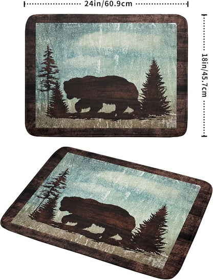 Giwawa Retro Brown Bear Forest Cabin Dish Drying Mat Countertop 18x24 Fall Blue Sky Cloud Cartoon Wild Animal Bushes Drainer Mat Pine Tree Grass Dishes Pad Rustic Floral Dish Drainer Rack Wildlife