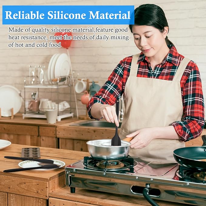 Shappy 4 Pieces Silicone Cooking Spoons 10.6 Inch Heat Resistant Kitchen Spoons for Mixing, Serving and Stirring Upgrade Large Non Stick Basting Utensils, Dishwasher Safe(Scrapers,Black) - Image 4