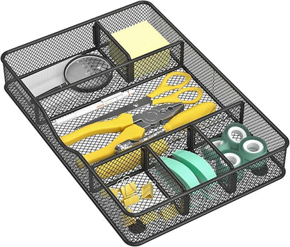 VyGrow Desk Drawer Organizer Tray, Metal Mesh Drawer Organizer for Office & Home, 6 Adjustable Compartments, Black, 2 Pack - 12.87x8.73x1.96 inch