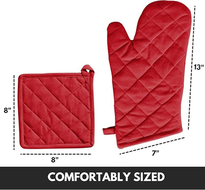 Oven Mitt + Pot Holder 100% Cotton Heat Resistant Kitchen Oven Gloves (7"x13") & Hot Pads (8"x8") for Gifts, Chef, Women & Men - Red