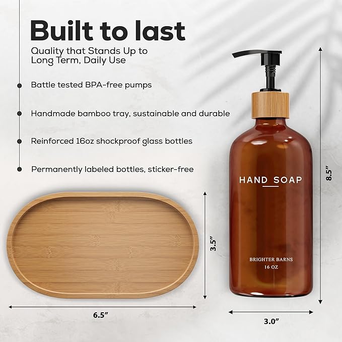 Amber Glass Hand and Dish Soap Dispenser Set by Brighter Barns - Kitchen Soap Dispenser Set with Tray - Bamboo Pump Bottles for Kitchen Sink - Modern Home Decor, Neutral Decor for Airbnb, Gift (Amber) - Image 3