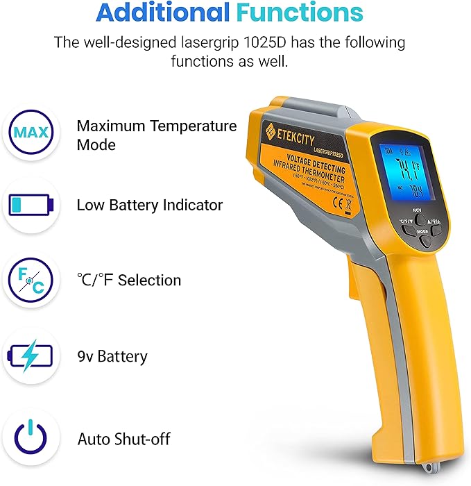 Etekcity Infrared Thermometer 1025D (Not for Human) Dual Laser Temperature Gun-58℉~1022℉ (-50℃~550℃) with Adjustable Emissivity, Non-Contact Voltage Tester (NCV), Standard Size, Yellow & Gray - Image 7