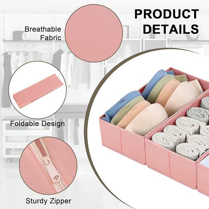 DIMJ Fabric Drawer Organizer Bins - 12 Pack Foldable Sock & Clothes Organizer - Pink - Image 2