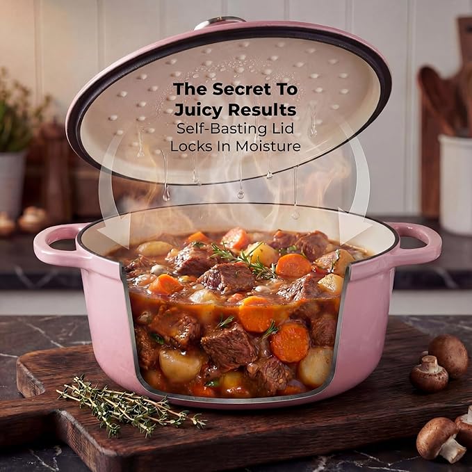 Zulay Kitchen 7.7 Quart Enameled Cast Iron Dutch Oven Pot with Lid – Premium Durability & Oven Safe up to 500°F – Heavy Duty Cookware Perfect for Bread Baking, Stews, Braising & Roasting – Pink - Image 4