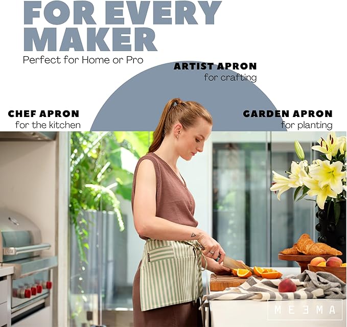MEEMA Chef Waist Apron Cotton Fabric |Washable & Breathable Waitress & Server Half Aprons for Women with Pockets & Long Waist Straps | Cooking, Baking, Grilling & Crafting