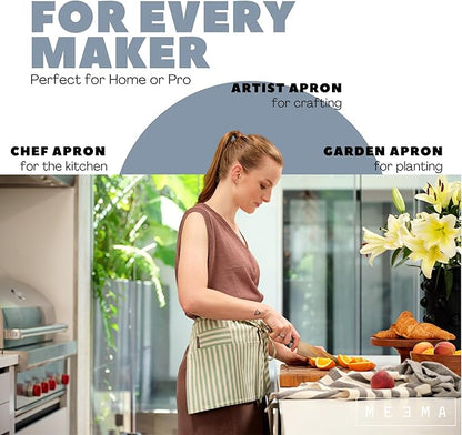 MEEMA Chef Waist Apron Cotton Fabric |Washable & Breathable Waitress & Server Half Aprons for Women with Pockets & Long Waist Straps | Cooking, Baking, Grilling & Crafting