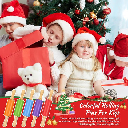 10 Pcs Mini Rolling Pin, 9 Inch Small Silicone Rolling Pin for Baking Non Stick Dough Roller with Wooden Handle 5 Colors for Kitchen Cookie Pastry Fondant Cake