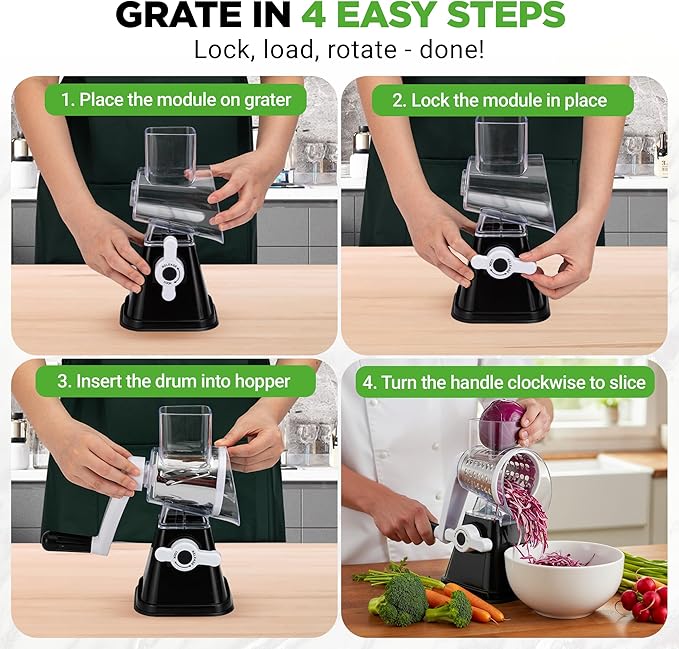 Nutrichef 3 in 1 Cheese Grater & Shredder | Strong Suction Base, Rotary Handle with Safety Lock | Includes Hand Crank & 3 Drum Blades for 3 Textures, Fine, Medium & Strips | Black - Image 2