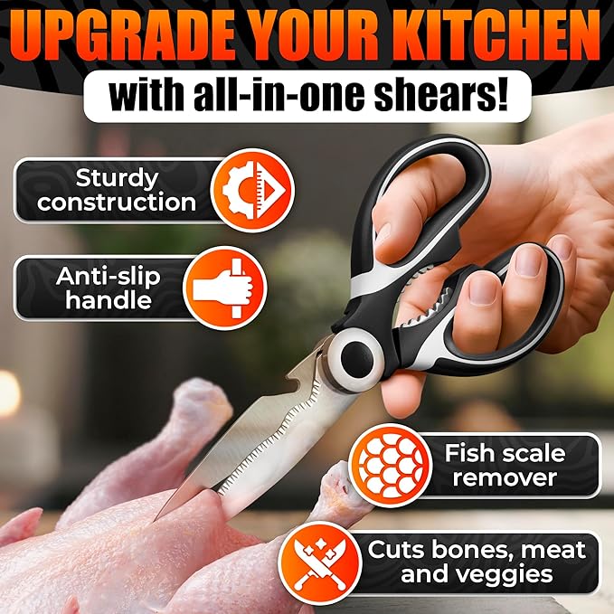 2 Pcs Heavy Duty Kitchen Scissors for Food – 5-in-1 Stainless Steel Kitchen Shears with Bottle Opener, Non-Slip Handles & Protective Cover – Utility Scissors for Cutting Meat, Poultry & Vegetables - Image 4