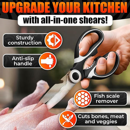 2 Pcs Heavy Duty Kitchen Scissors for Food – 5-in-1 Stainless Steel Kitchen Shears with Bottle Opener, Non-Slip Handles & Protective Cover – Utility Scissors for Cutting Meat, Poultry & Vegetables - Image 4