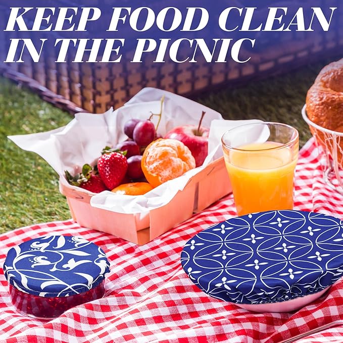 Patelai 10 Pcs Bowl Covers Reusable in 5 Size Stretch Cloth Fabric Elastic Food Storage Bowl Covers Bread Sourdough Lids for Proofing Food Fruits Leftover(Blue White,Stylish Style) - Image 4