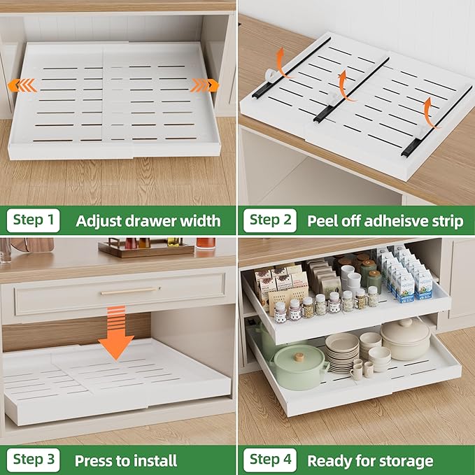 PAKETA 4 Pack Expandable Pull Out Cabinet Organizer, 21'' Deep Pull Out Drawers for Cabinet, Upgrade 3 Slide Rails Sliding Drawers for Cabinets with Adhesive Nano Film (White, 21"D X 15-26"W) - Image 6