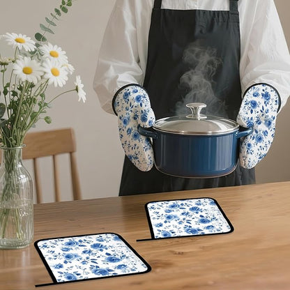 Vintage Blue Rose Oven Mitts and Pot Holders,Heat Resistant Oven Mitts Gloves and Pot Holder for Home Kitchen Decorations Cooking Baking BBQ Gifts,Set of 4
