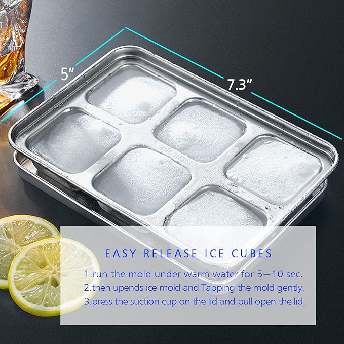 TEGOOL Ice Cube Trays, Stainless Steel Lid Ice Cube tray with Suction Cup Super Easy Release Molds,Durable and Dishwasher Safe for Cocktail,Freezer,Whiskey,Chocolate (Silver)