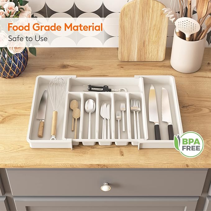 Lifewit Silverware Drawer Organizer, Expandable Utensil Tray for Kitchen, BPA Free Flatware and Cutlery Holder, Adjustable Plastic Storage for Spoons Forks Knives, 13-22 x 15", White - Image 6
