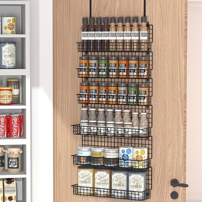 JKsmart 6-Tier Spice Rack Organizer with Door Hook, Wall Mounted & Over the Door Spice Racks for Kitchen Pantry Door Cabinet, Two Size, Large Capacity, Black by JKsmart