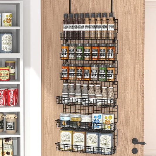 JKsmart 6-Tier Spice Rack Organizer with Door Hook, Wall Mounted & Over the Door Spice Racks for Kitchen Pantry Door Cabinet, Two Size, Large Capacity, Black by JKsmart